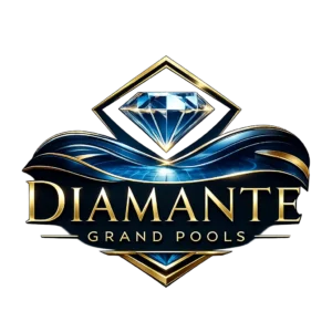 Logotipo da Diamante Grand Pools com diamante azul e elementos dourados